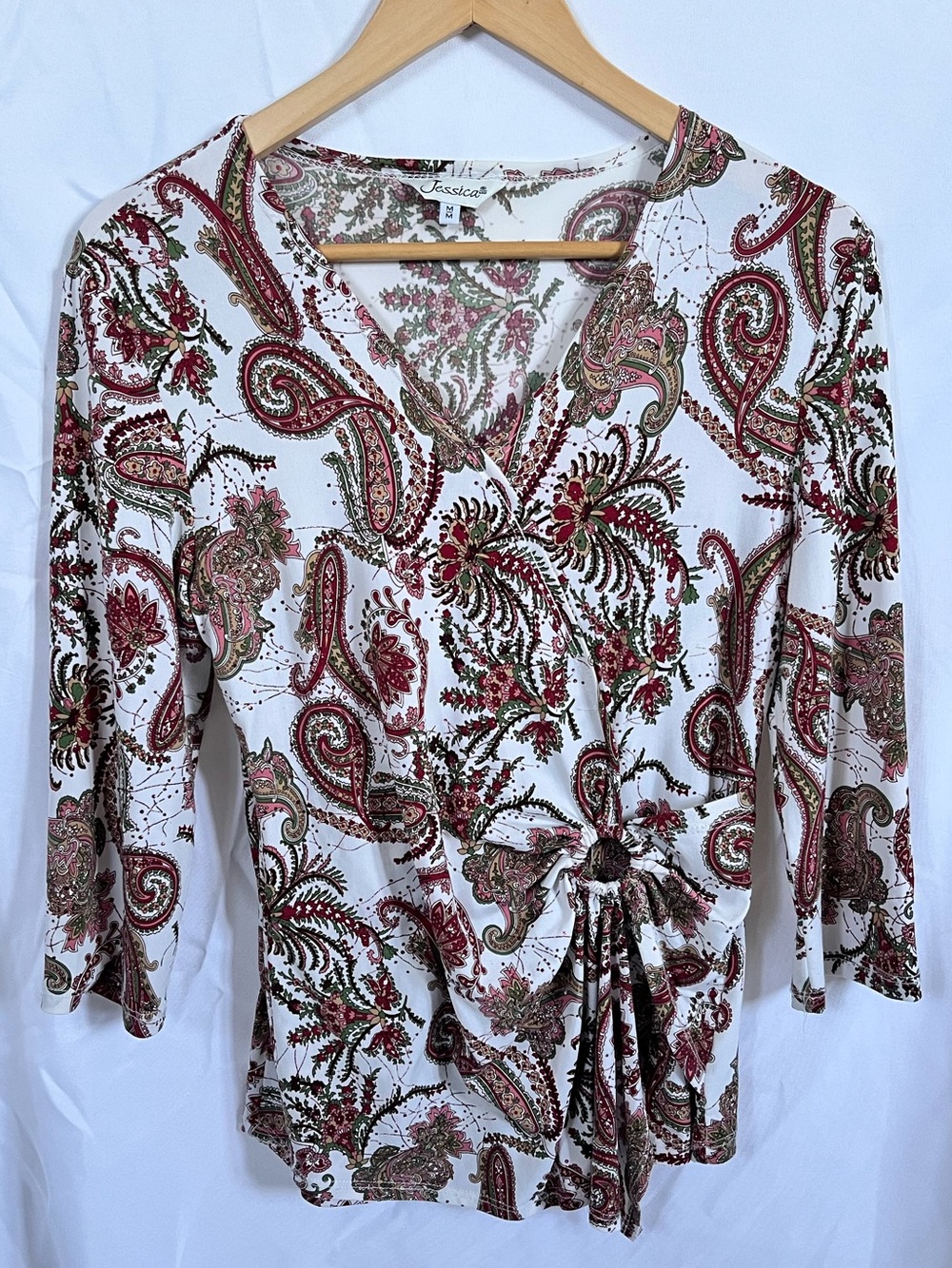Jessica Paisley Wrap Blouse in White, Burgundy and Olive